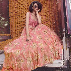 Let’s Fashion Talks Pink Chinon Thread With Hand Work Lehenga Choli